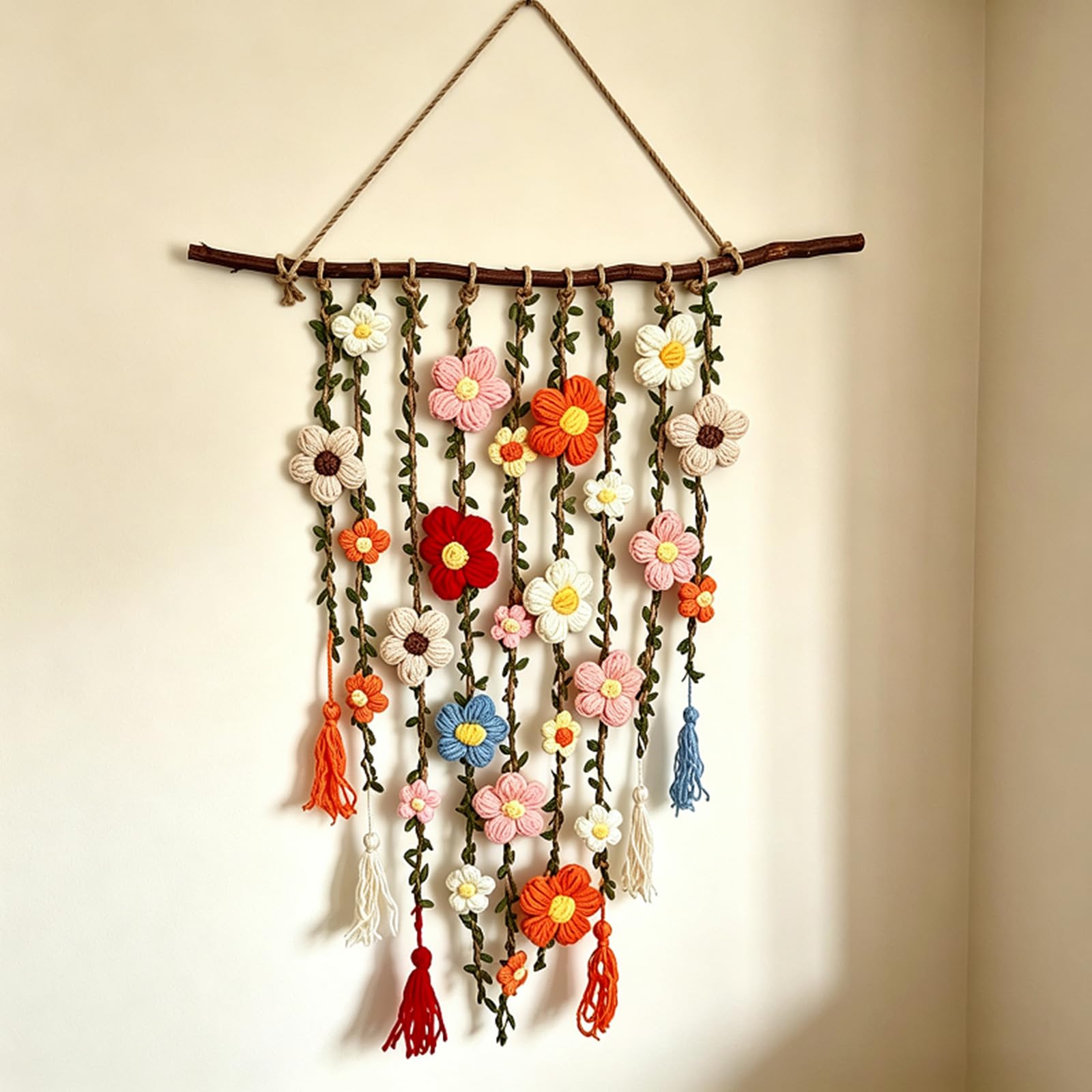 Boho Crochet Flower Wall Hanging, Handmade Macrame Floral Tapestry
