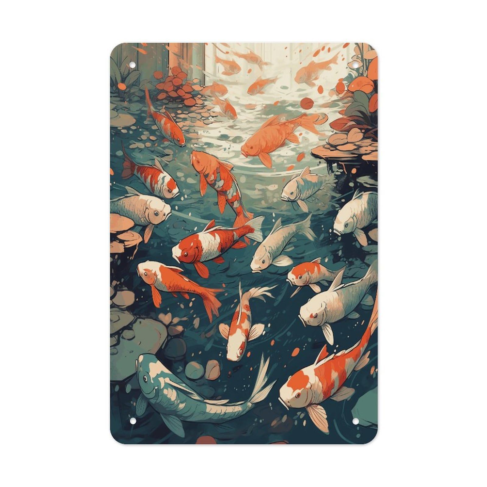 Btcowzrv Style Hand Drawn Fish Pattern Metal Tin Sign Wall Decor Hanging Plaque