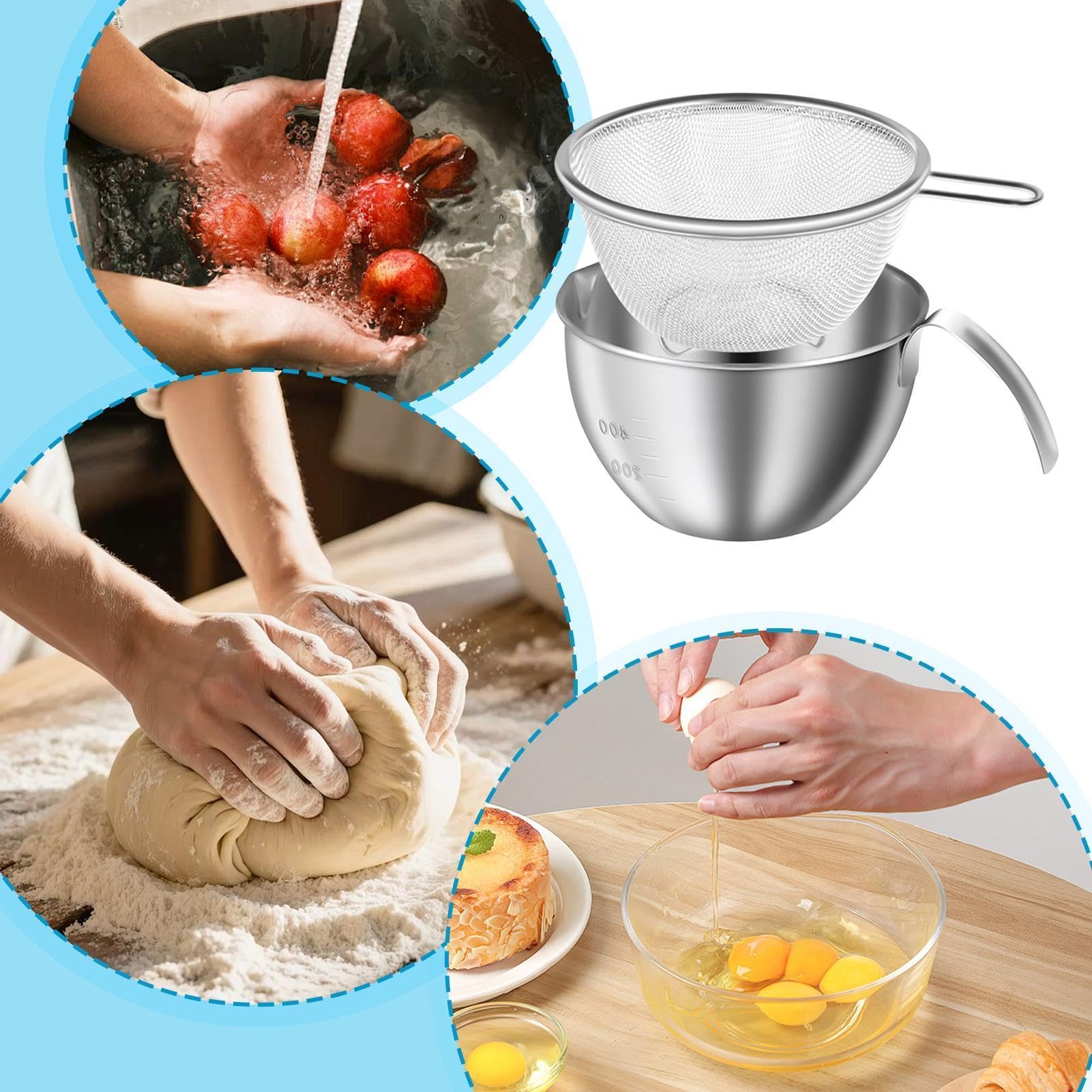 Set di ciotole in acciaio da 14 cm, scolapasta da cucina e ciotole, ciotole per lavare il riso, ciotole con colino, cestini per mescolare con manico, preparazione pasti, insalata,