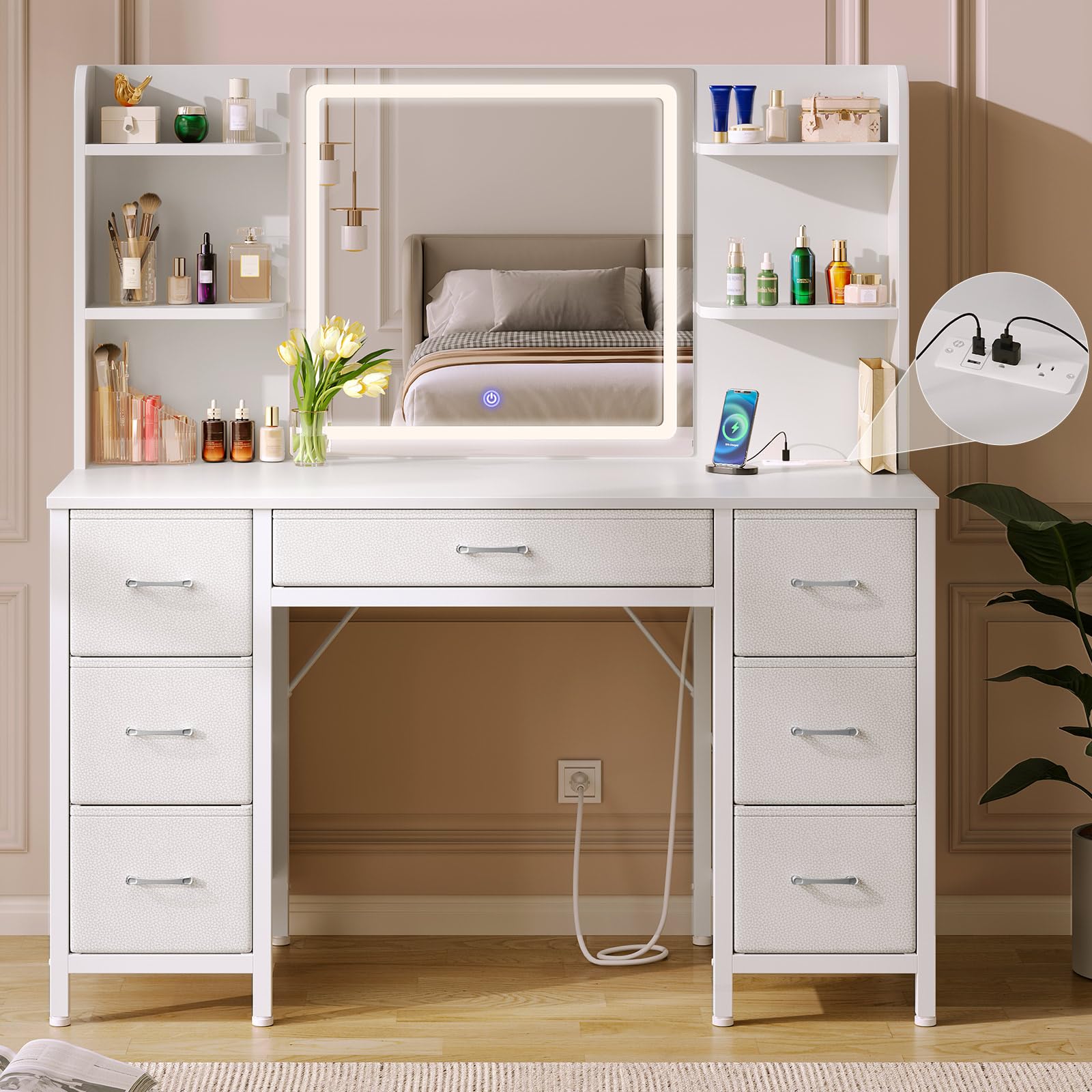Rolanstar Vanity Desk with Lighted Mirror & Power Outlet, Makeup Vanity with 7 Fabric Drawers, 6 Storage Shelves & 3 Lighting Modes, Dressing Table for Bedroom, Girls, Women, White