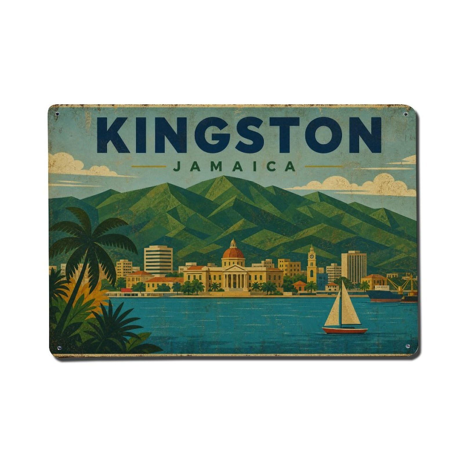 Vintage Travel Jamaica Kingston Metal Tin Sign