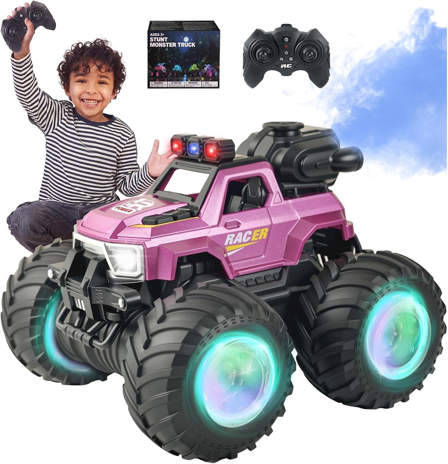 BEZGAR 1:18 Scale Remote Control Monster Truck, 4WD Monster Truck Toys with Music, Mist Spray & LED Light, 360° Stunt Spins RC Truck Toys for Boys 4 5 6 7 8 9 Years Old(Blue)