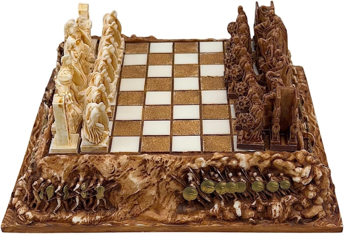 Battle of Thermopylae Chess Set – 32 Hand-Painted Spartan vs Persian Warrior Pieces, Cast Alabaster, Small Board 9.45 in, Handmade in Greece
