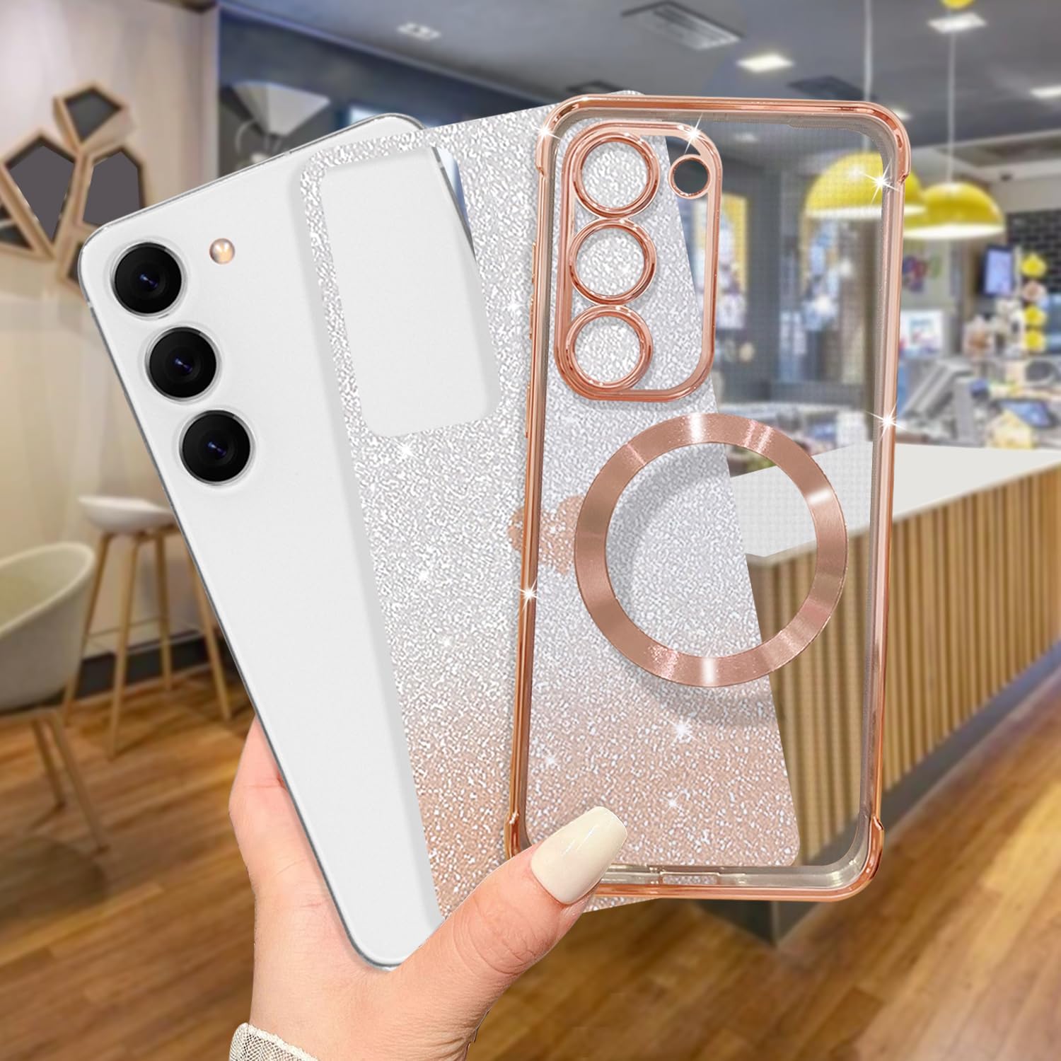 for Samsung Galaxy S23 Plus Case Magnetic,for Women Girl Soft Luxury Plating Bling Gradient Glitter Cute Heart Cover Compatible with MagSafe Clear Shockproof Protective Phone Case 6.6”-Gold - Image 6