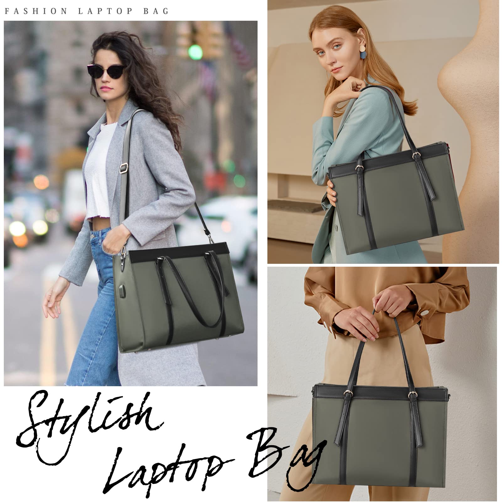 KTMOUW Bolsos Universidad Mujer Impermeable Bolso para Ordenador Portatil 15.6 Pulgadas Grandes Shopper Bolsos con Puerto de Carga USB 2 Piezas Negro Gris Oscuro