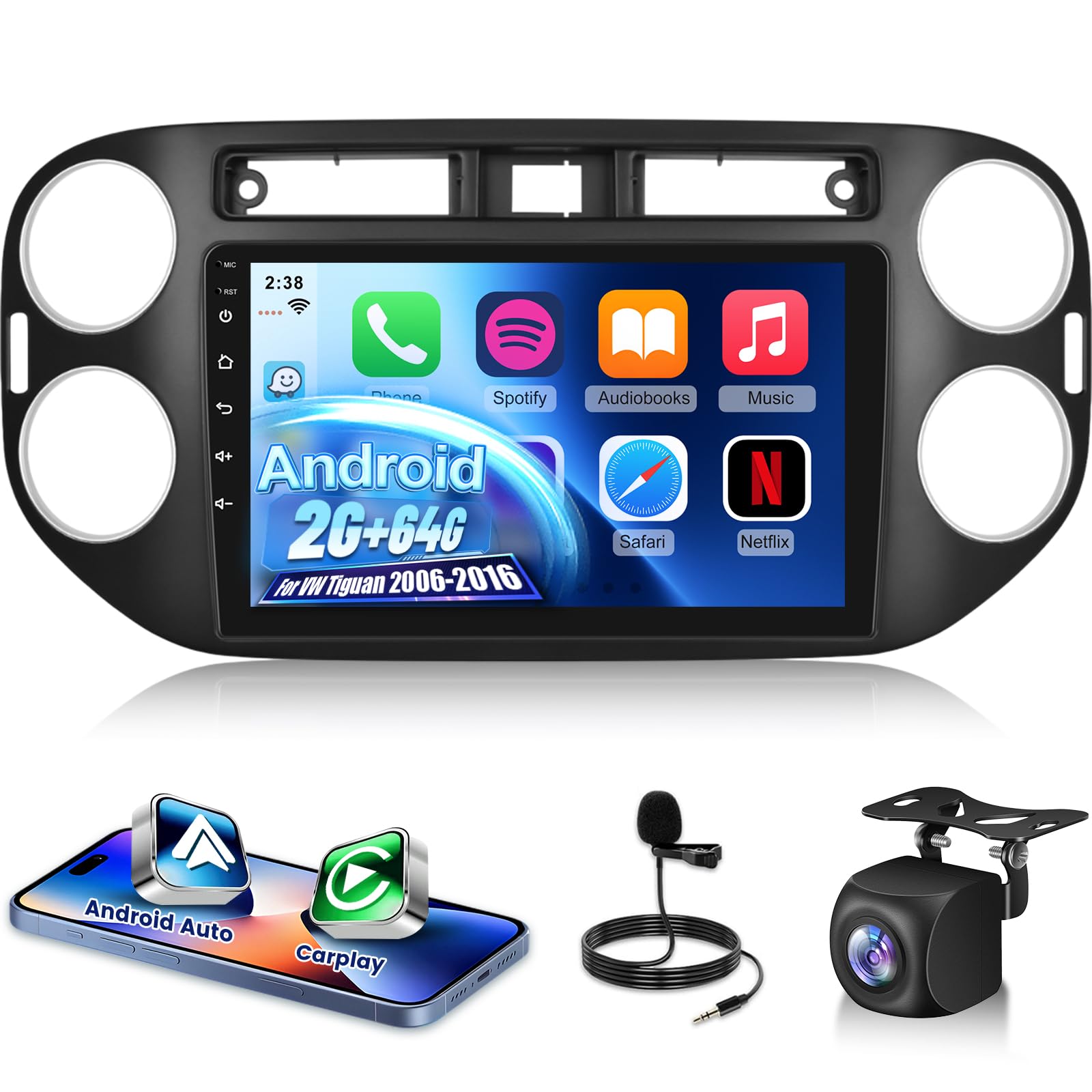 Photo 1 of [2+64G] NHOPEEW Car Radio for VW Tiguan 2006-2016 with Wireless Carplay and Android Auto - 9 Inch Touchscreen Android Car Stereo - DSP/GPS/WiFi/SWC/Mirror Link/Bluetooth + AHD Backup Camera