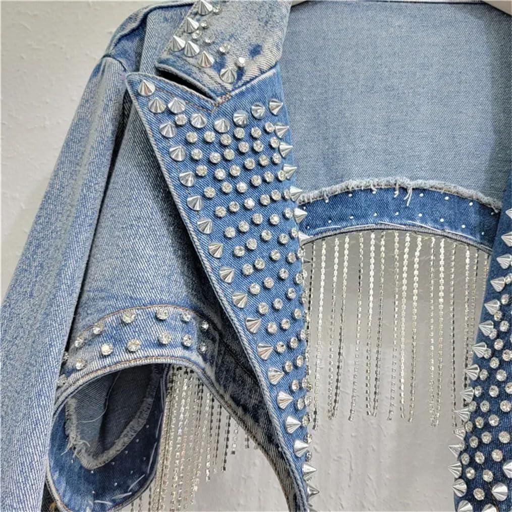 Women's Rhinestones Tassels Rivets Short Denim Jacket Lapel Cocktail Party Denim Jackets