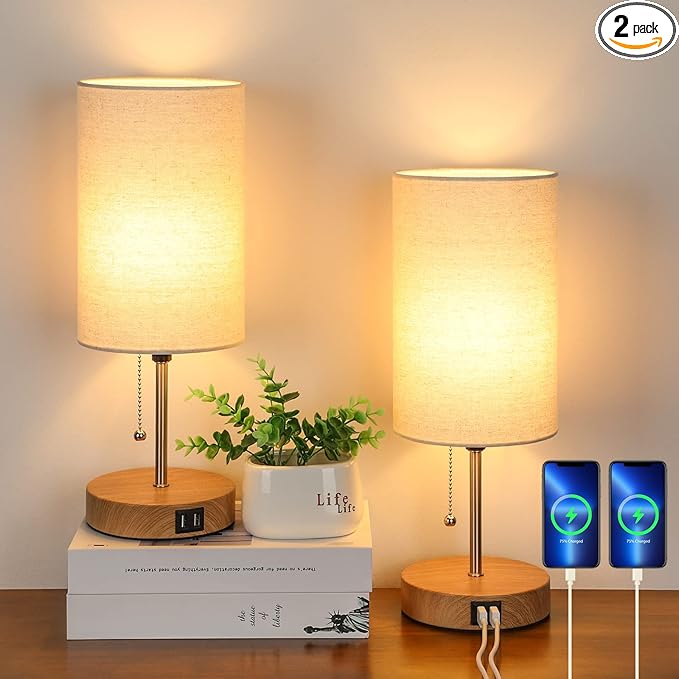 Set of 2 Table Lamps with 2 USB Ports, Modern Bedside, Desk Lamps with Pull Chain, Nightstand Lamps with Cream Fabric Shade and Oak Metal Base for Living Room Bedroom Office Reading Dorm Hotel