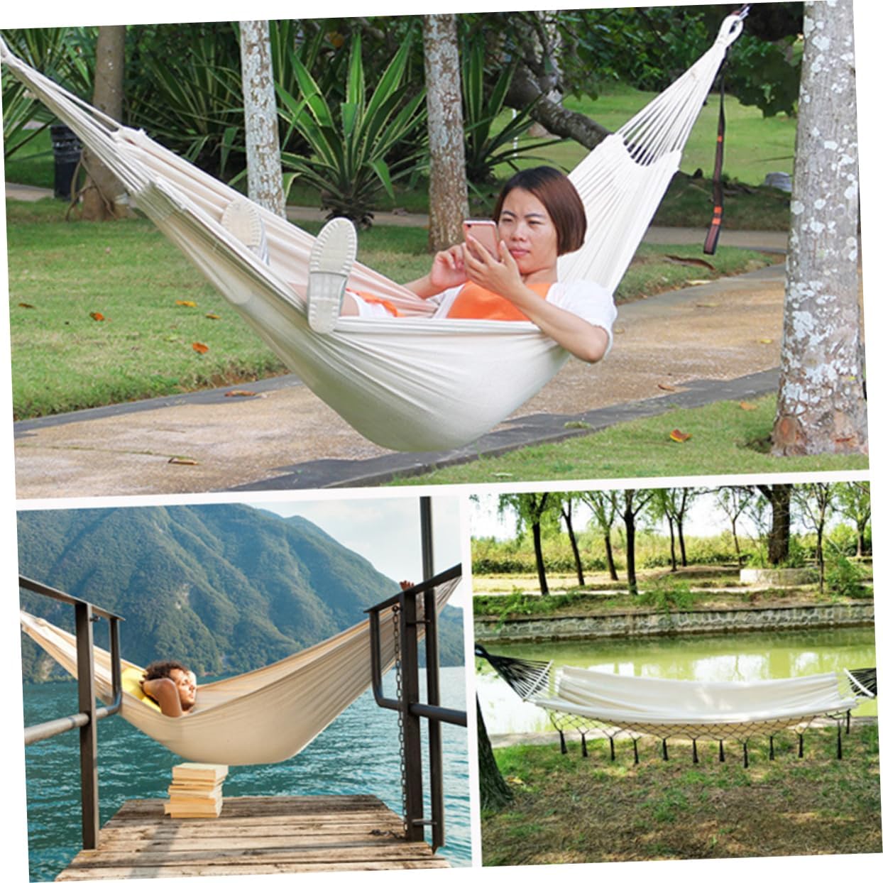 HEMOTON Single 200x80cm Canvas Camping Hammock with Hanging Rope Outdoor Swing Chair for Relaxation and Leisure Portable for Backyard Patio and Camping