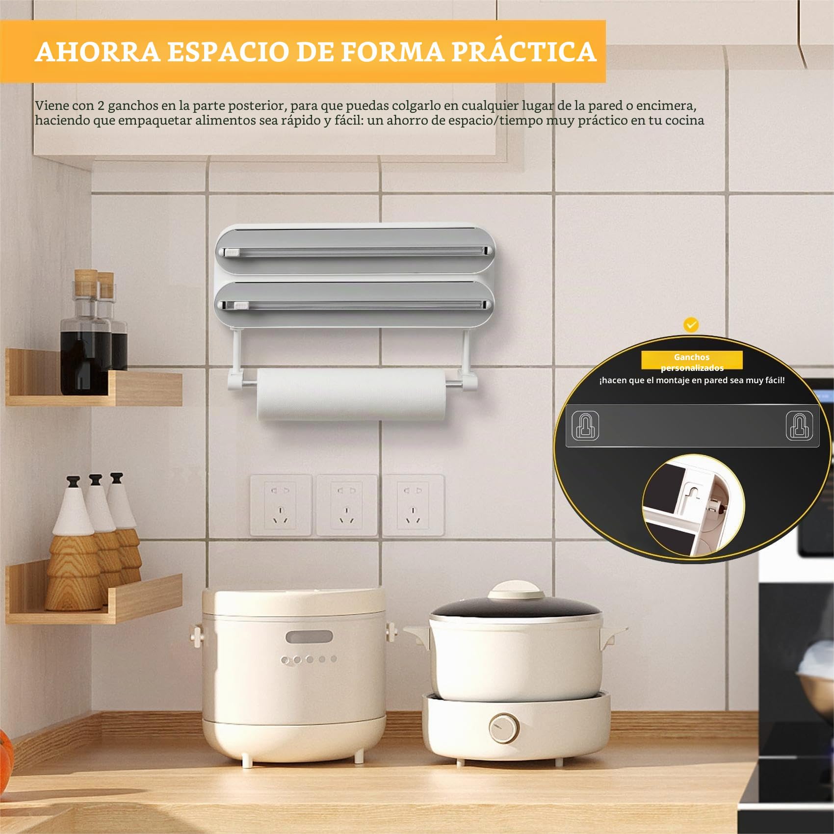 Dispensador Papel Aluminio y Film con Portarrollos Cocina - Organizador Mejorado Magnético de Papel Film Transparente con 50 Metros Film de Plástico, Soporte Papel Cocina 3 en 1, Blanco