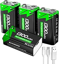 9V Rechargeable Batteries, 9 Volt Square Lithium-Ion Batteries with USB-C Fast Charging Port for Microphone, Smoke Detector, Electronic Toys etc (Pack of 4)