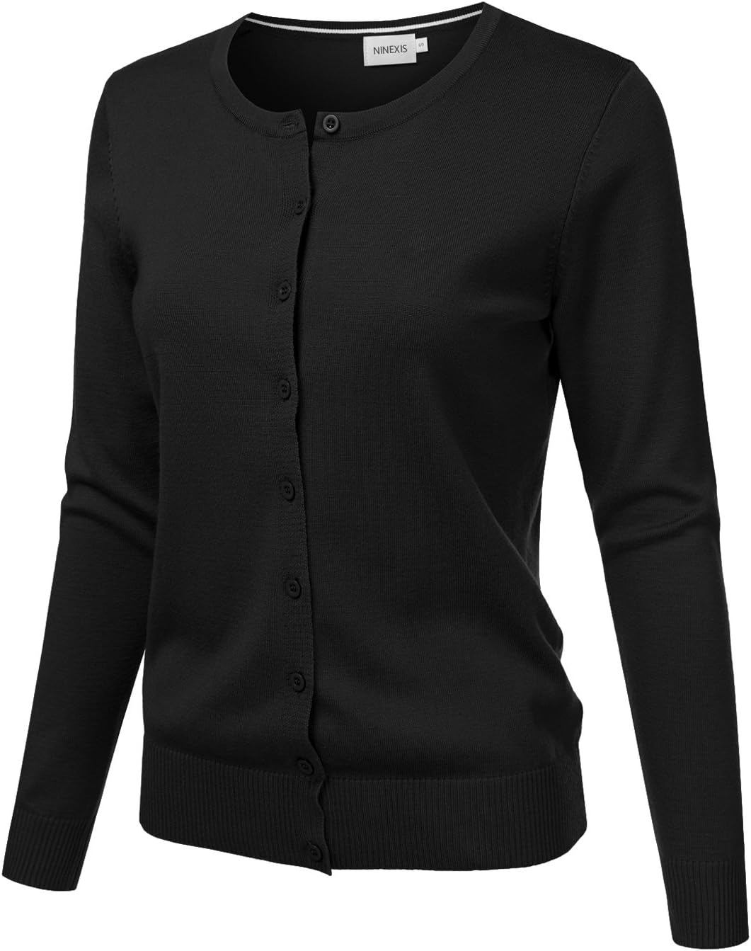 JJ Perfection Basic Button Down Soft Knitted Cardigan Long Sleeve Crew Neck Casual Sweater Jackets for Womens with Plus Size
