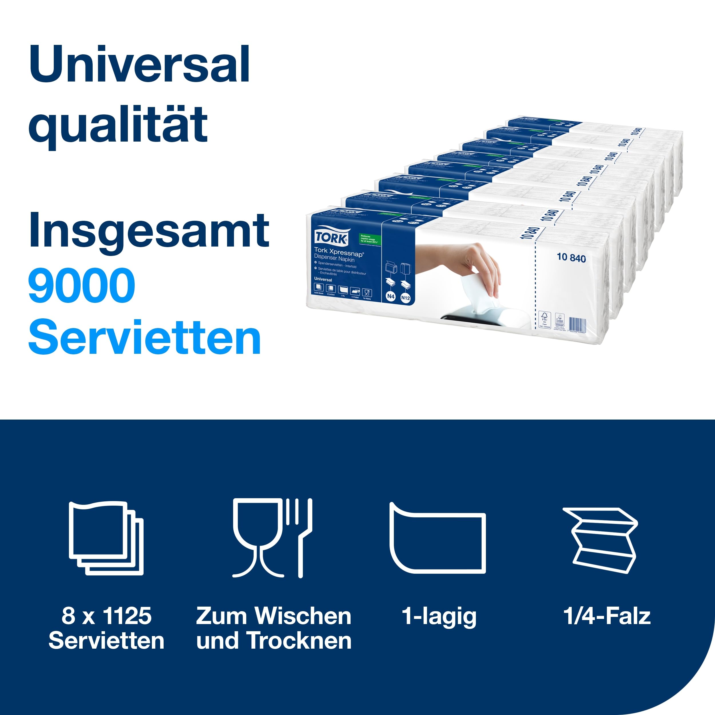 Tork 10840 Xpressnap Spenderserviette unbedruckt / Weiße Papierserviette für Serviettenspender N4 / 8x1125 Stück