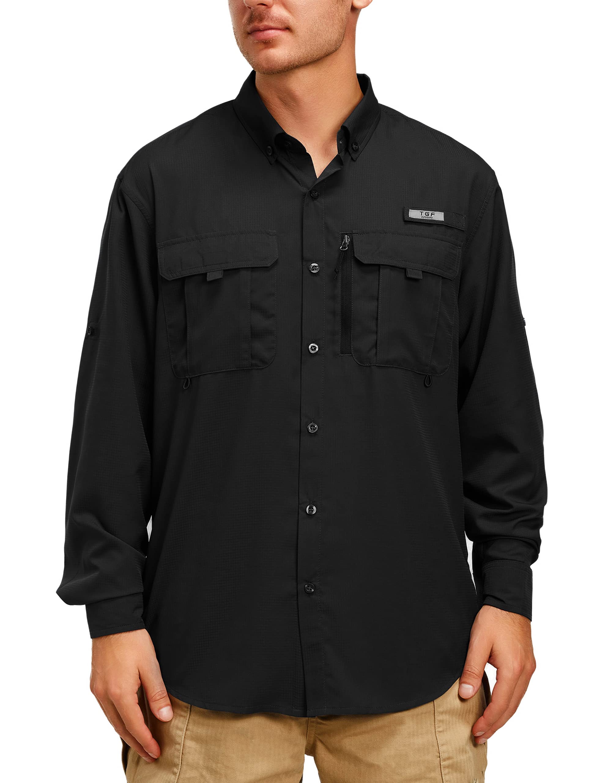 TGF Men's Sun Protection Fishing Shirts Long Sleeve Work Shirts with Zipper Pockets for Traveling Hiking Camping