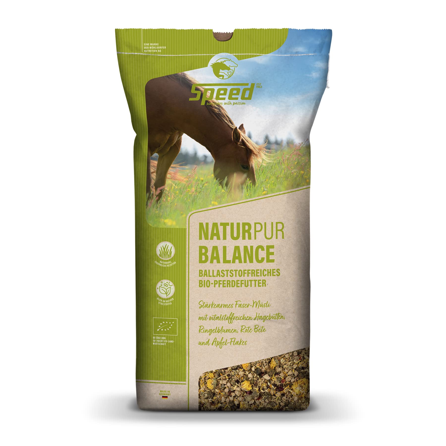 Speed NATUREPUR Balance, 1x20 kg Bio-Pferdefutter, ballaststofffreich, melassefrei, zuckerreduziert, stärkearm, ideal für Pferde mit Stoffwechselstörungen