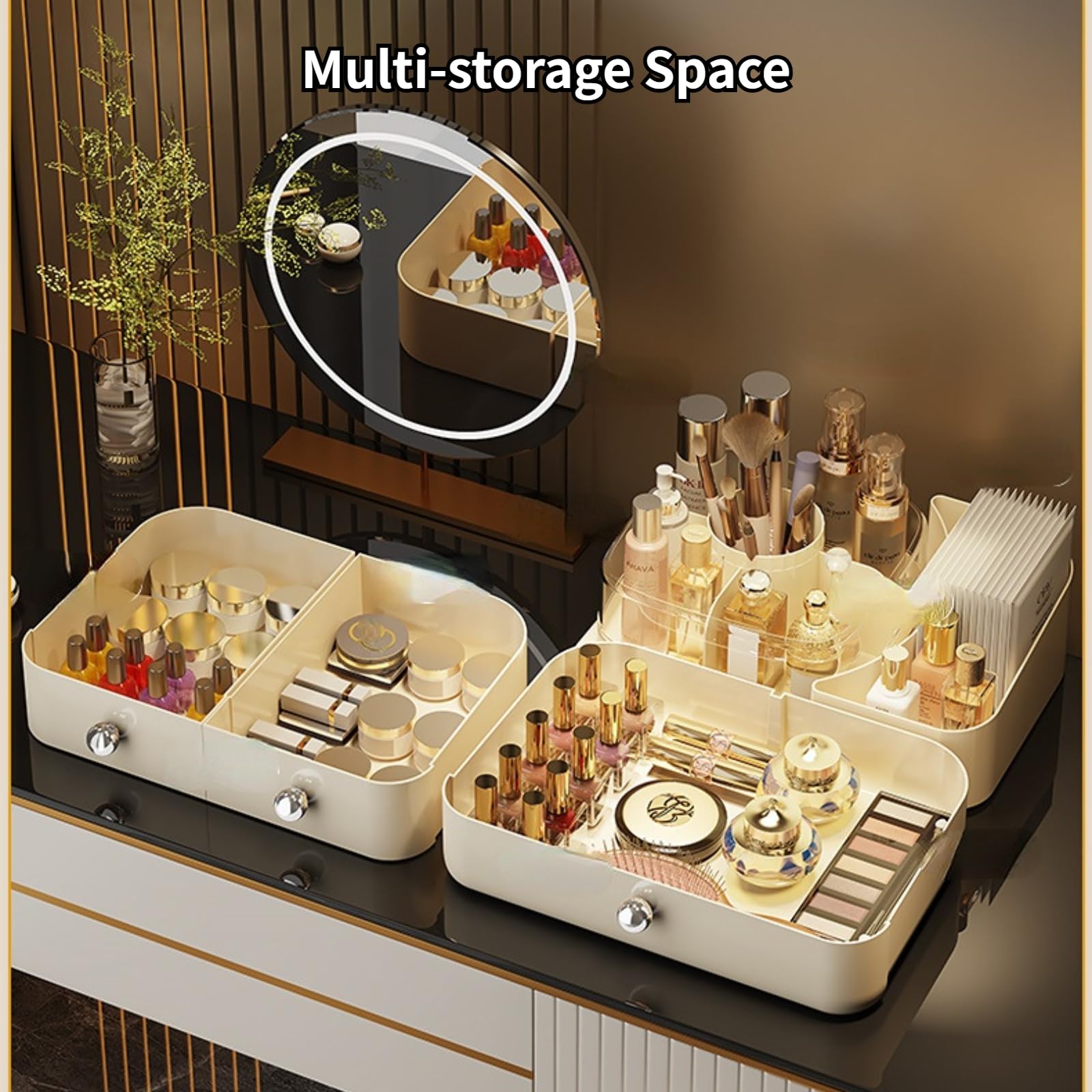 Makeup Organizer with Drawers Rotating Skincare Countertop Organizer for Vanity with Makeup Brush Holder Cosmetic Display Case Storage