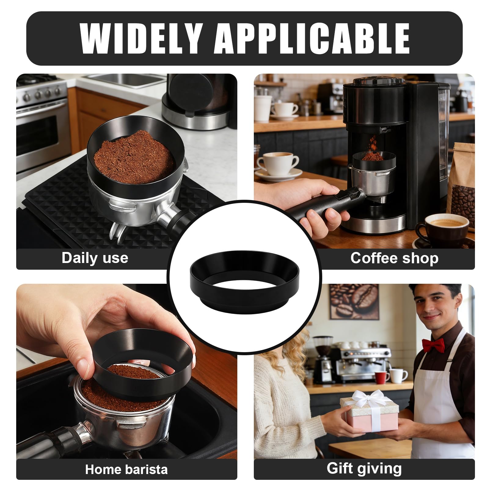 Diseño 2 en 1: Dosificación y nivelación: Coffee dosing ring 58mm más que un simple anillo, su diseño optimizado le permite dosificar el café y, al retirarlo, nivelar suavemente la superficie del café