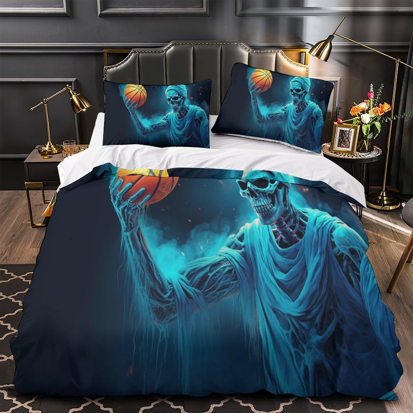 Baloncesto esqueleto Copripiumino 3D Stampato Con Federe,Deportes Bedding Set Con Copripiumini Chiusura A Cerniera, Morbida Microfibra Quilt Cover King（220x240cm）