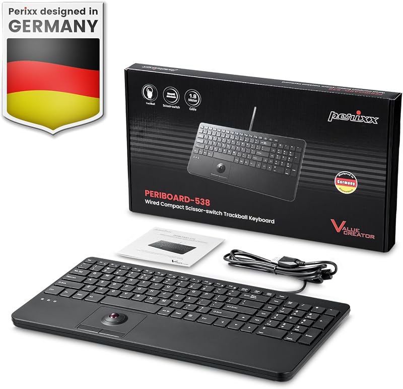 Perixx PERIBOARD-538 Kompakt Vezetékes USB Billentyűzet Beépített Trackball-lal, Ollós Mechanizmus, 2 USB Hub, Numerikus Billentyűzet, Német