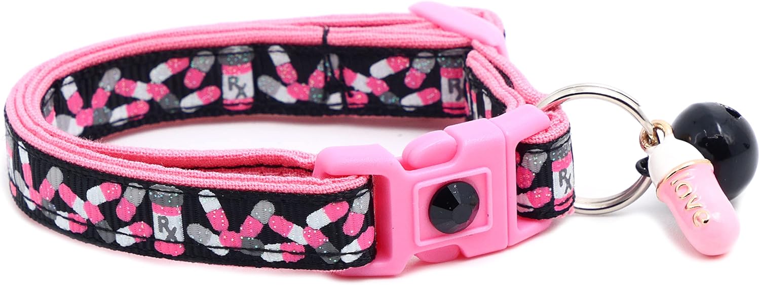 Medicine Cat Collar - Safety - Breakaway - Charm and Bell - Pugs2Persians (Small(10lbs & Less), Black)
