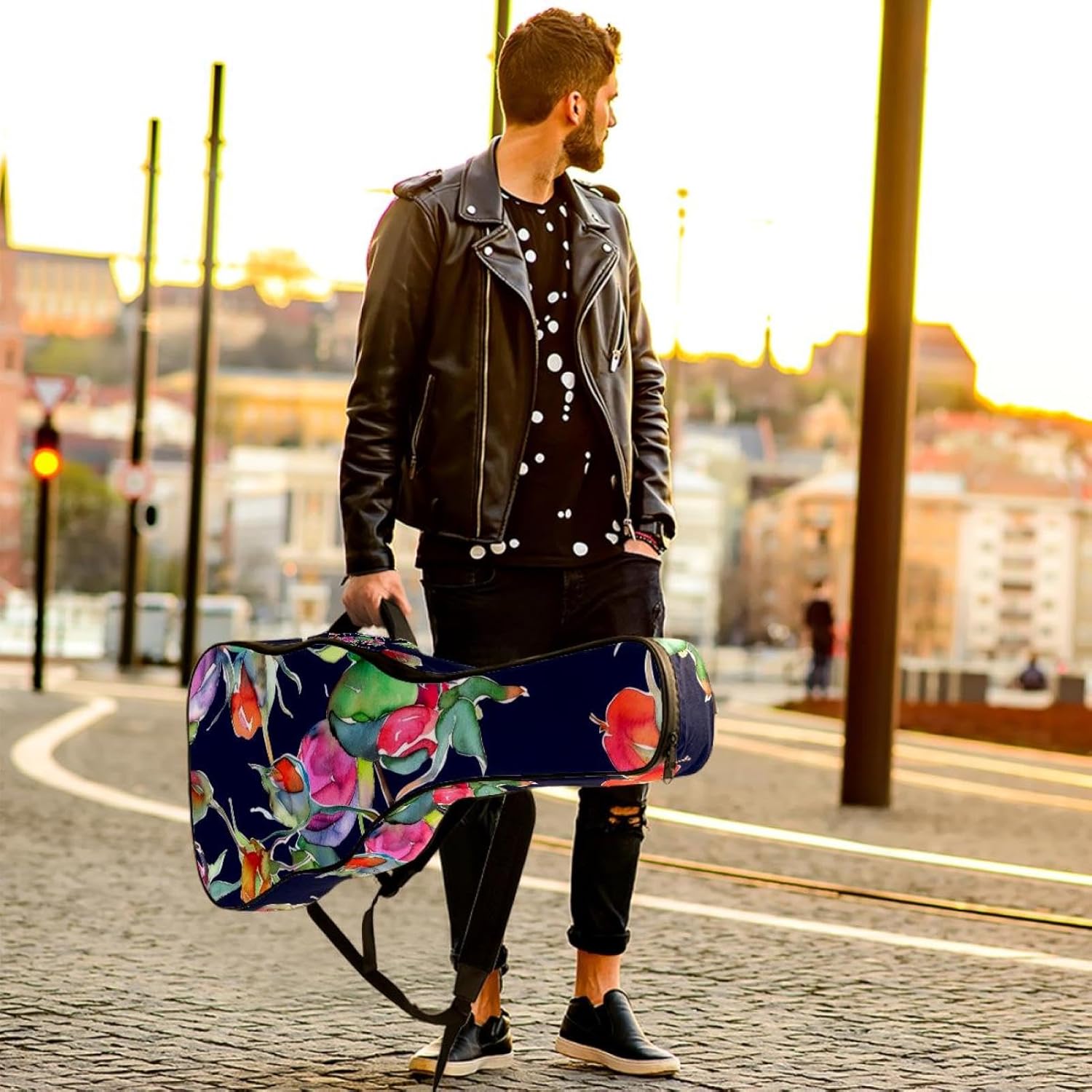 Acoustic Guitar Gig Bag 1 cm Thick Padding, Waterproof Electric Guitar Bag 40-42 Inch Guitar Case Backpack with Dual Shoulder Strap, Seamless Watercolor Rose Hip Pattern