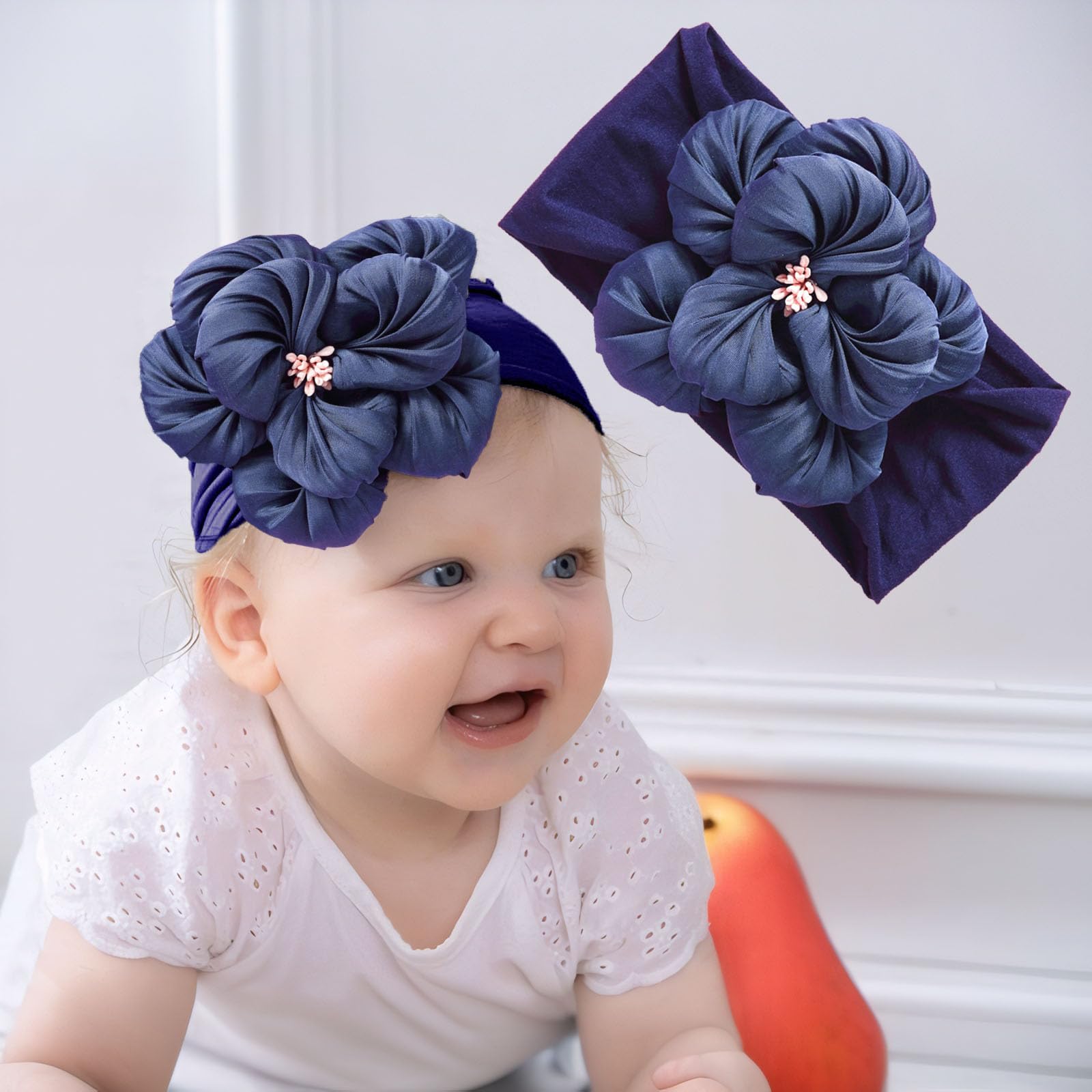 Kenjudess Baby Girl Nylon Flower Headbands, 5 Pack Soft Elastic Hair Bows, Assorted Colors (Dark Blue, Standard Small)