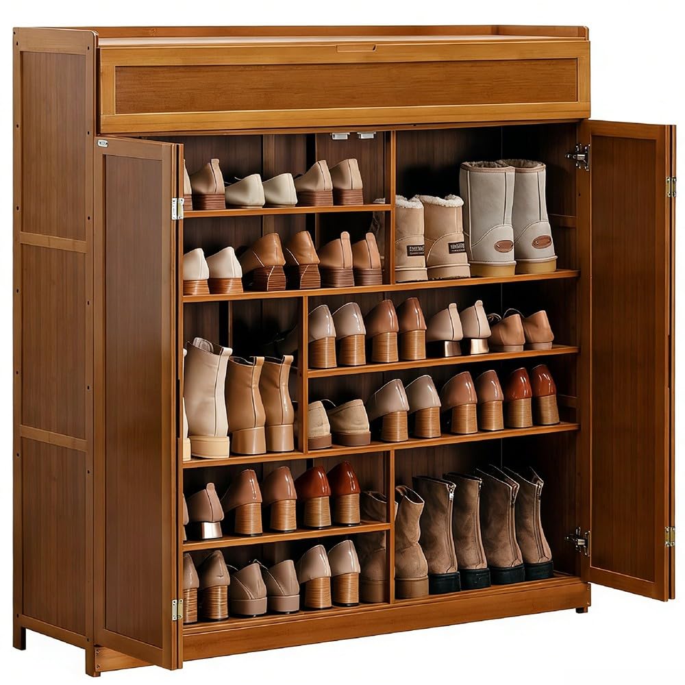 angelfanmily Bamboo Shoe Storage Cabinet, Modern 7-Tier Narrow Shoe Cabinet with 4 Doors, Saving Space Shoes Storage Organiser Rack for Entryway, 7-Tier Shoe Storage Cabinet Organiser
