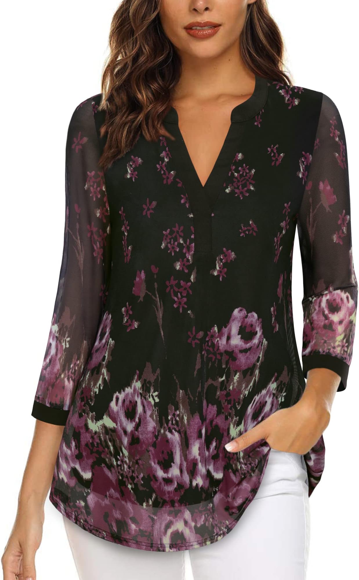 Timeson Women's 3/4 Sleeve Blouses Casual V Neck Dress Shirts Double Layers Mesh Tunics Tops