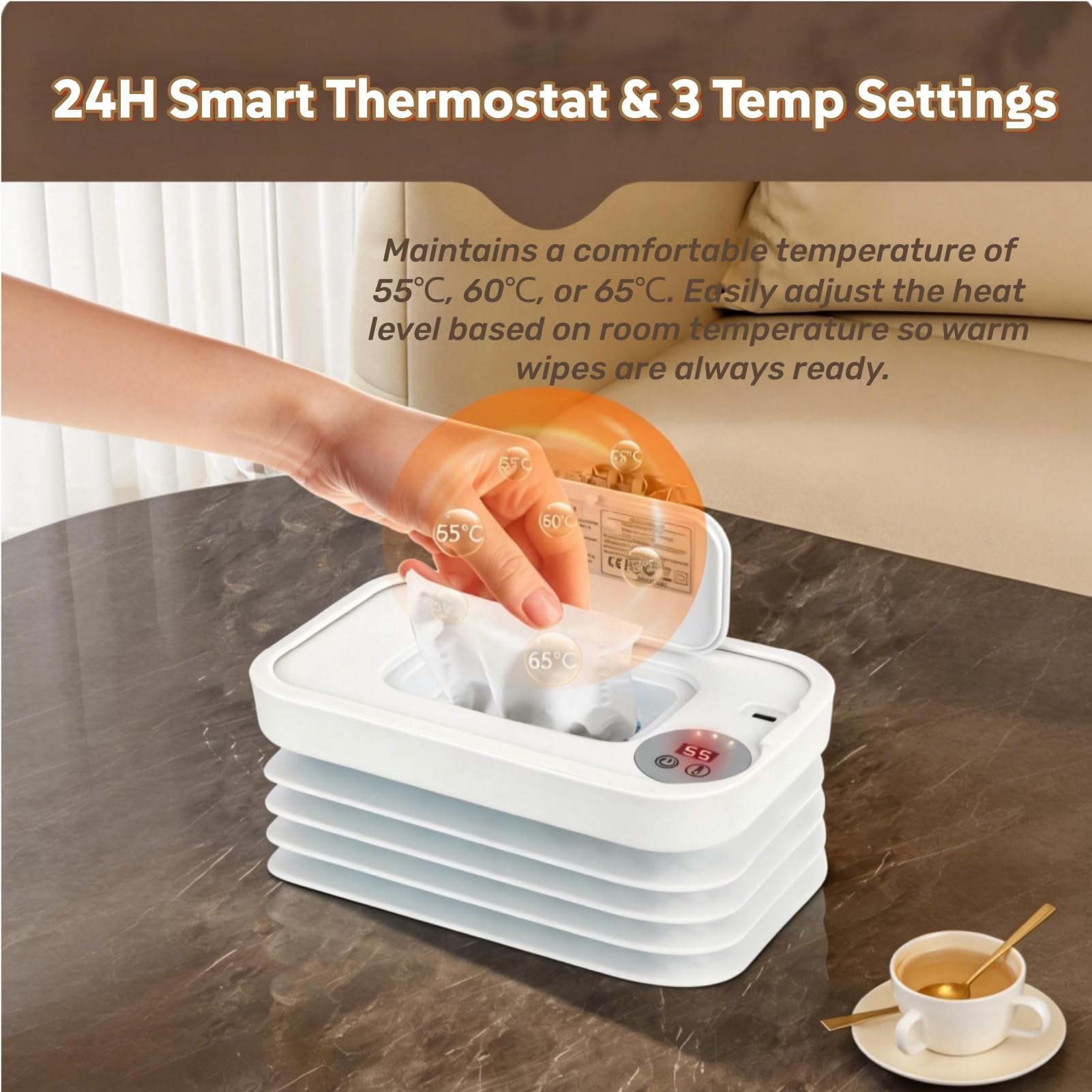 Wet Wipes Warmer, Wipe Warmer Cordless with 3 Adjustable Temperature, Foldable Portable USB Wipe Heater and Dispenser, Digital Display Space Saving Wipe Warmer with Lid for Home Outdoor Travel (White) - 4