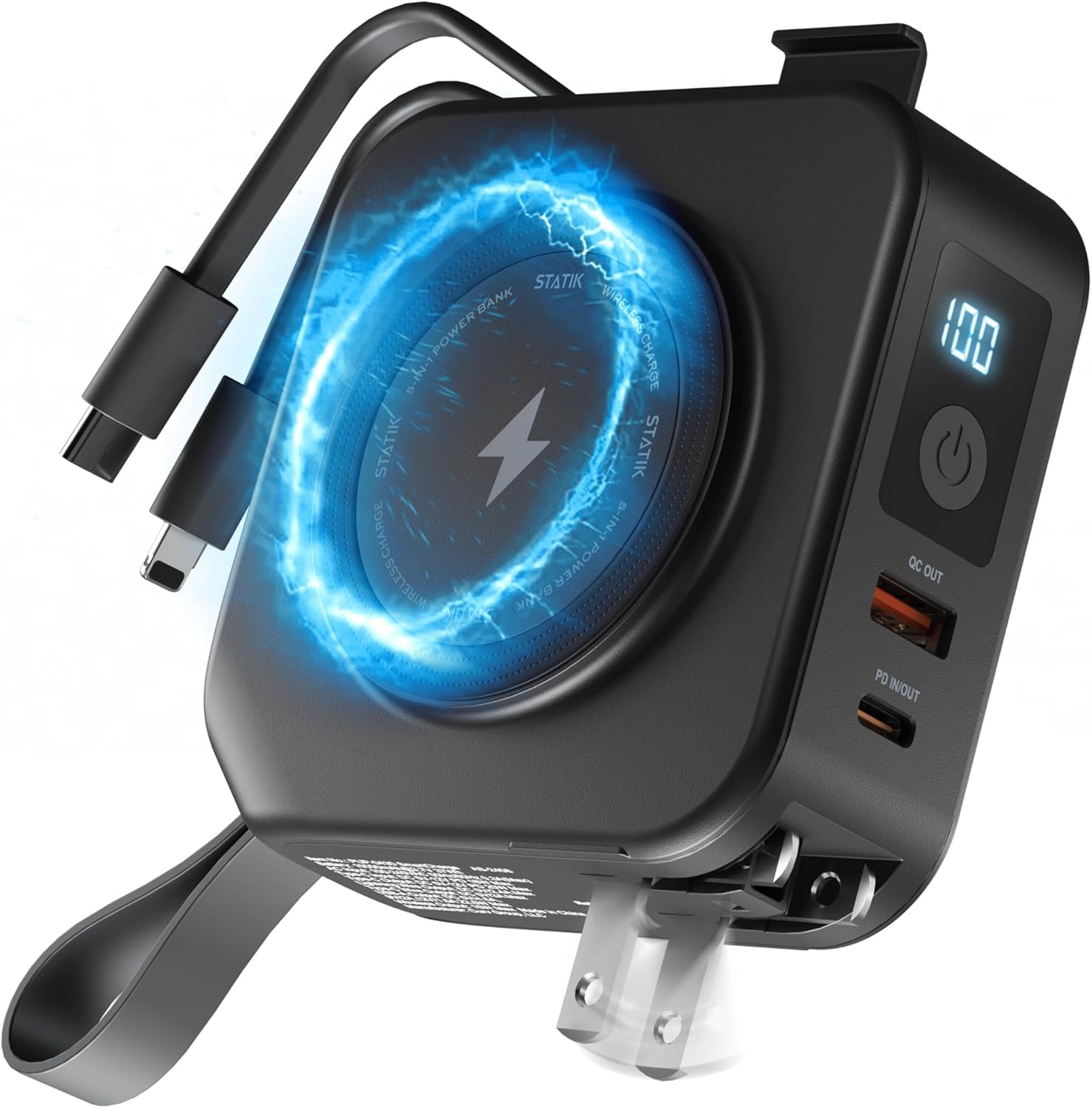 Statik SmartCharge 5-in-1 Travel Power Bank with Wall Plug & Built in USB C Cables, 10000mAh International Travel Charger & European Portable Charger,