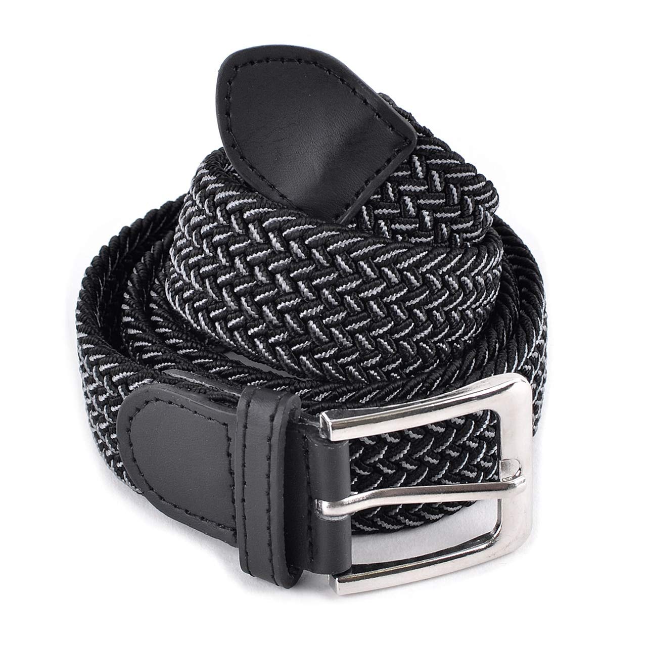 Umo Lorenzo Stretch Braided Woven Golf Belts without Holes, Elastic Casual Belts for Men and Women, Black and Grey, Medium (Fits 32-35" Waist)
