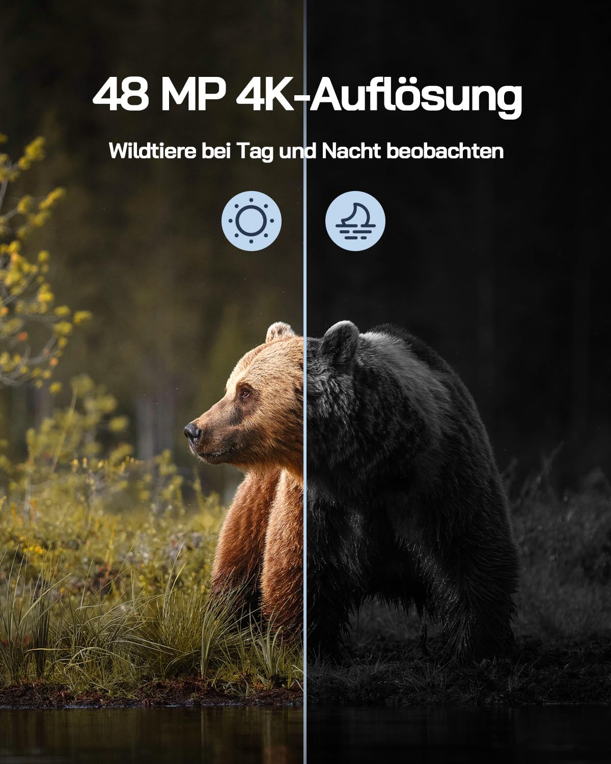 WOLFANG Wildkamera, 4K Solar Video Wildtierkamera, 48MP Full HD-Auflösung Jagdkamera, Nachtsicht, Bewegungssensor, 0.1s Auslösezeit, IP66 Wasserdicht für Wildlife Monitoring