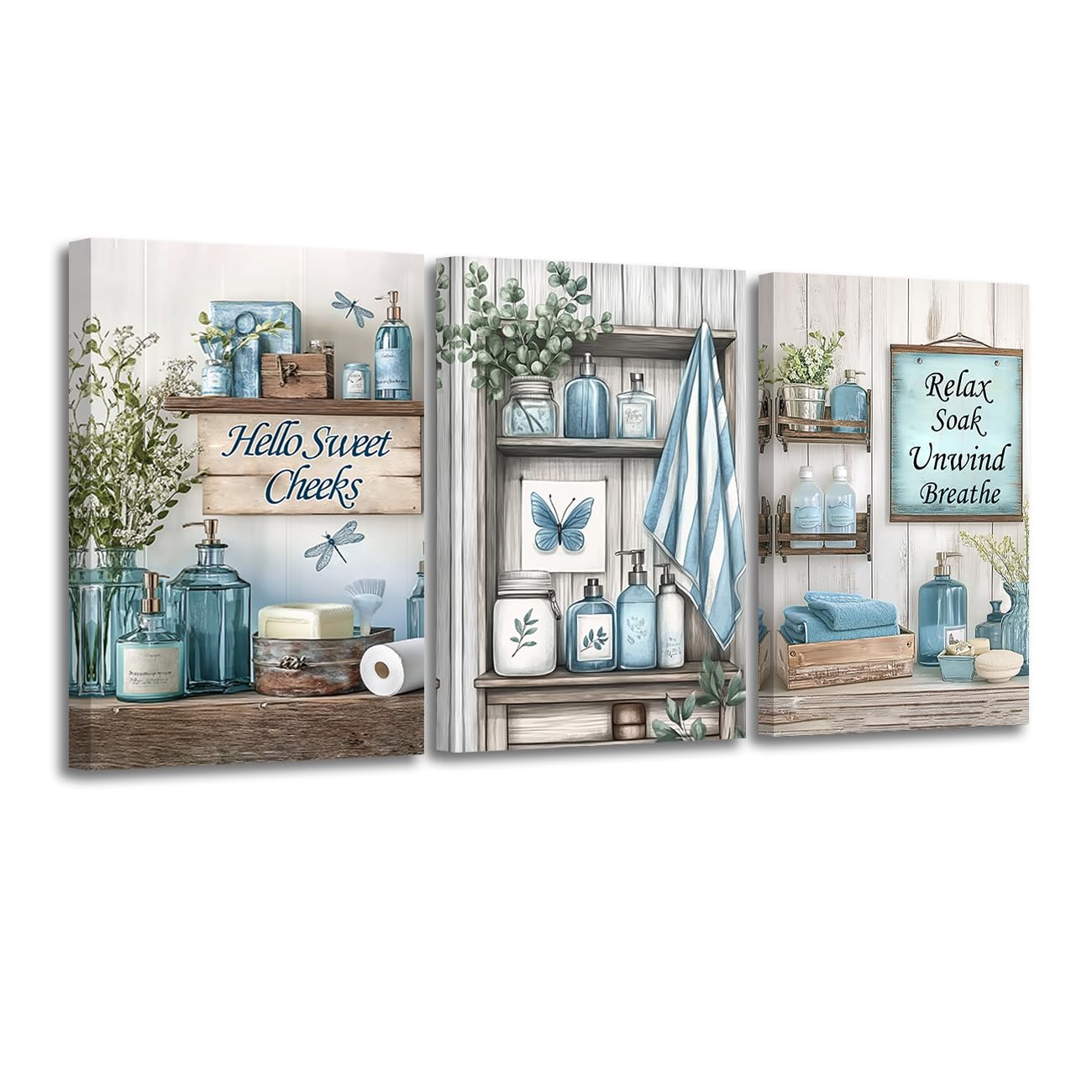 CXHOSTENT 3Pcs Blue Bathroom Wall Art Decor Rustic Bathroom Picture Quotes Sign Canvas Prints Farmhouse Toilet Paintings for Washroom Decor Framed (Blue, 24x36inchx3 Pieces)
