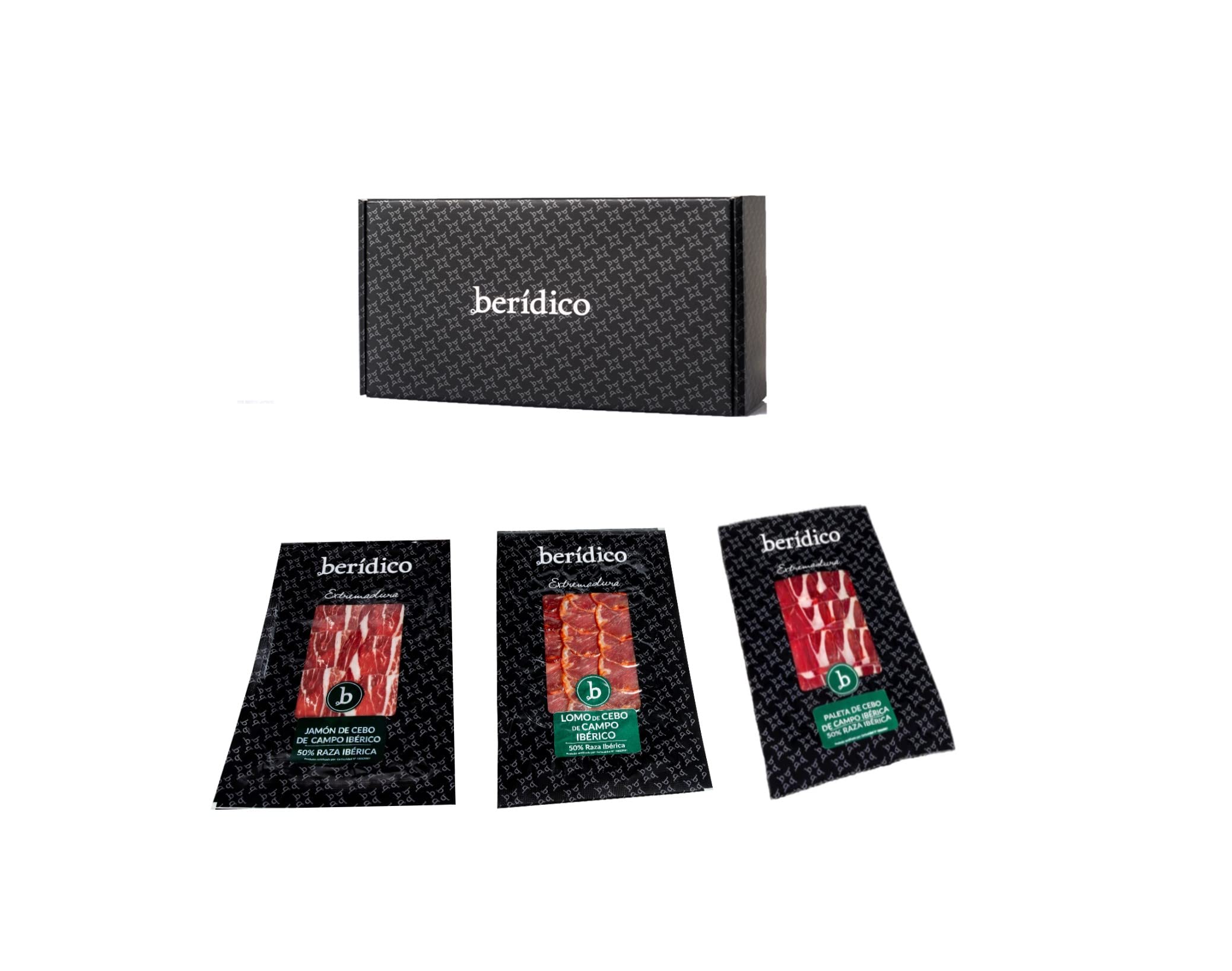 Loncheados Ibérico: 3 de Jamón Ibérico Cebo de Campo + 3 de Paleta Ibérica Cebo de Campo + 3 de Lomo Ibérico Cebo de Campo. Pack de 9 sobres de 100 g envasados al vacío. Extremadura. BERÍDICO