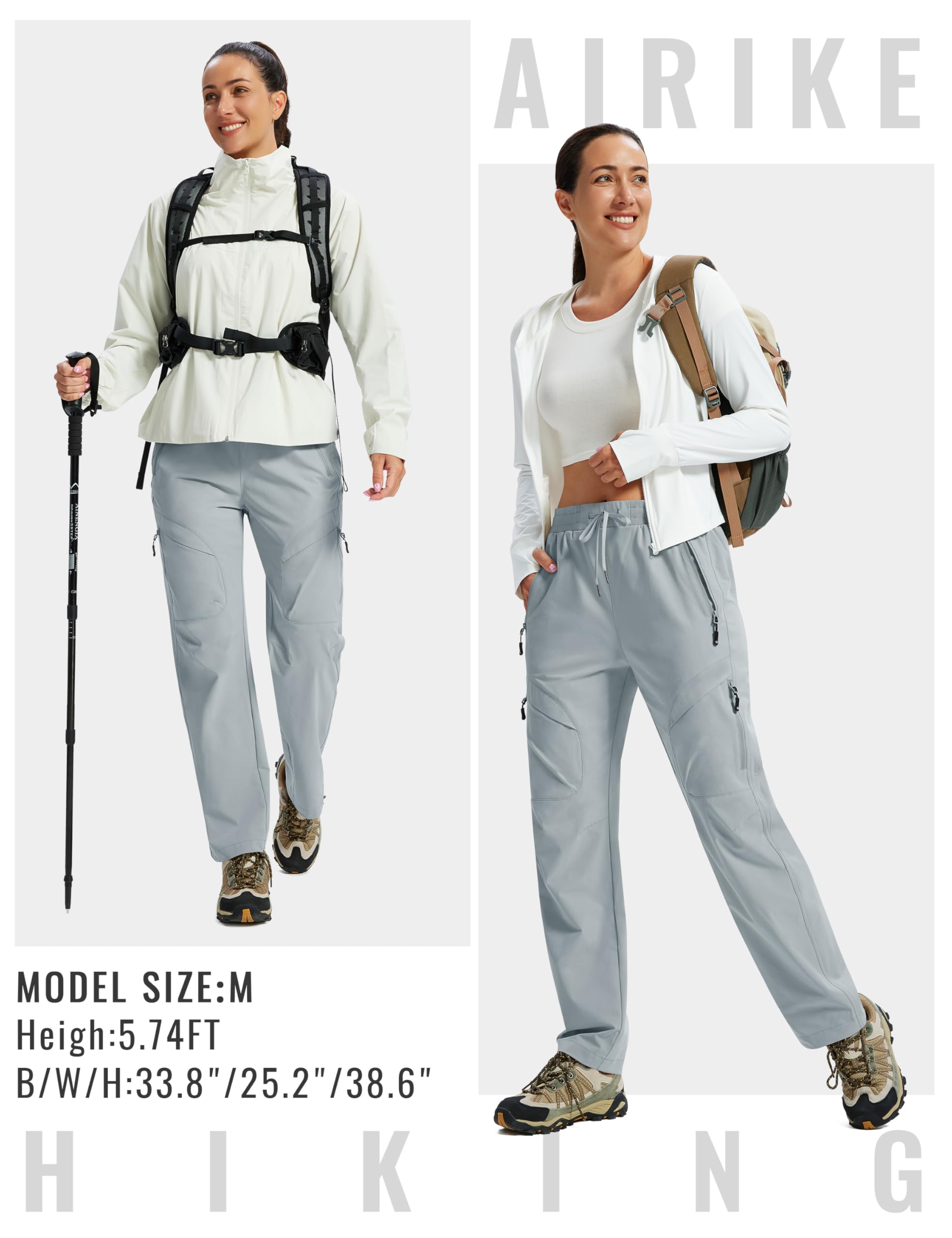 AIRIKE Pantalon Cargo Femme Pantalon Randonnée Séchage Rapide Trekking Pantalon Léger Taille Elastique Pants Imperméable Extérieur été avec Poche Zippée