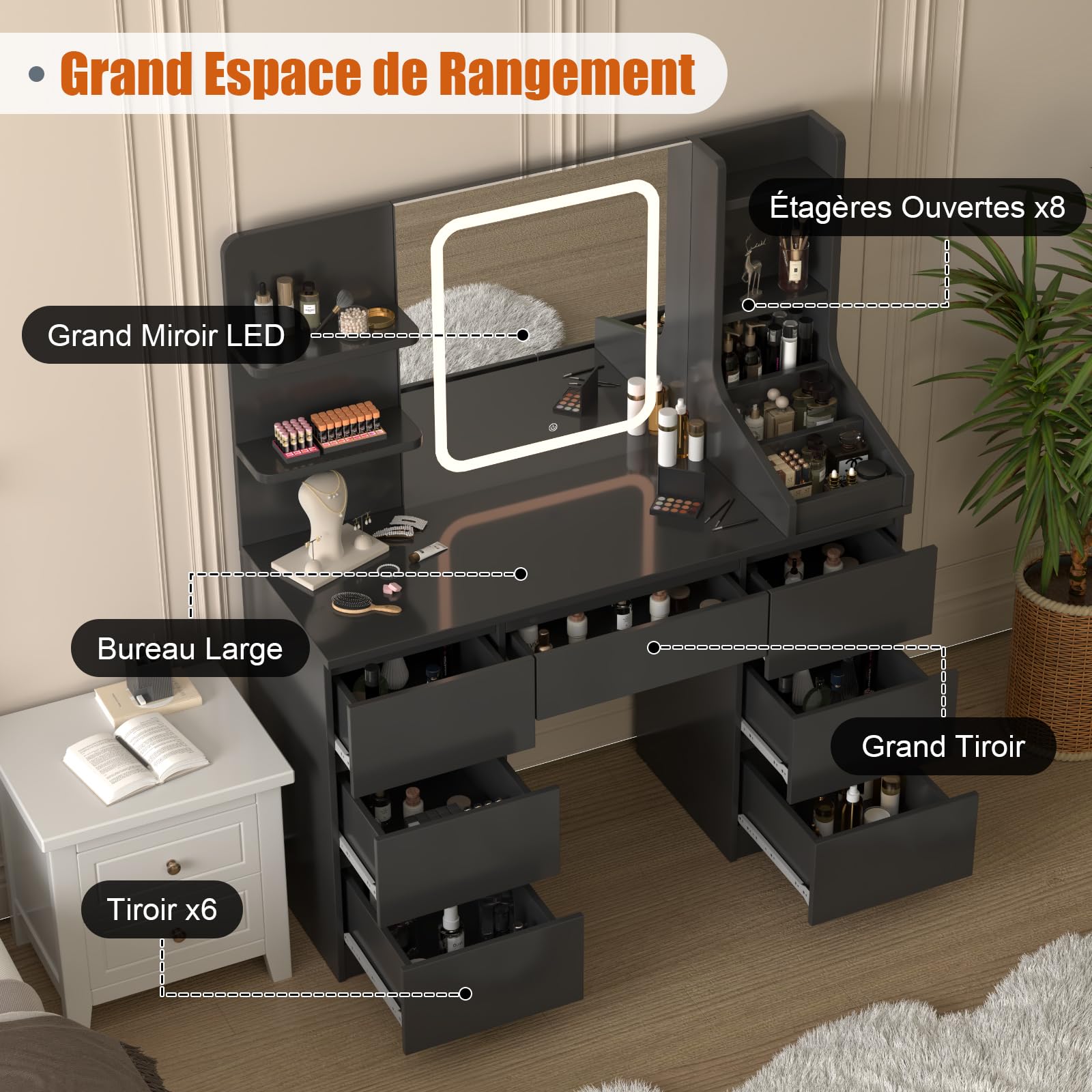 TRIUMPHKEY Coiffeuse avec Miroir LED, Luminosité Réglable, Table de Maquillage avec 4 Étagères et 7 Tiroirs, Coiffeuse Moderne avec Grand Espace de Rangement (Noir)