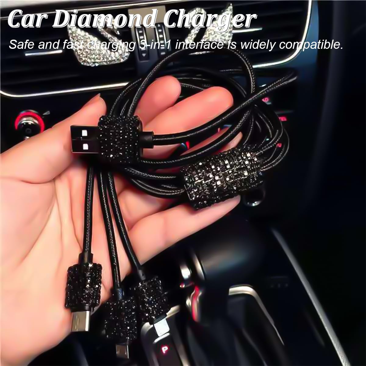 Bling Dual USB Car Charger with 3-in-1 Multi Fast Charging Cable, Dual Port Charger Adapter with Type C Micro USB Cord for iPhone, Android, Rhinestones Car Interior Accessories for Women(Black) - Image 6
