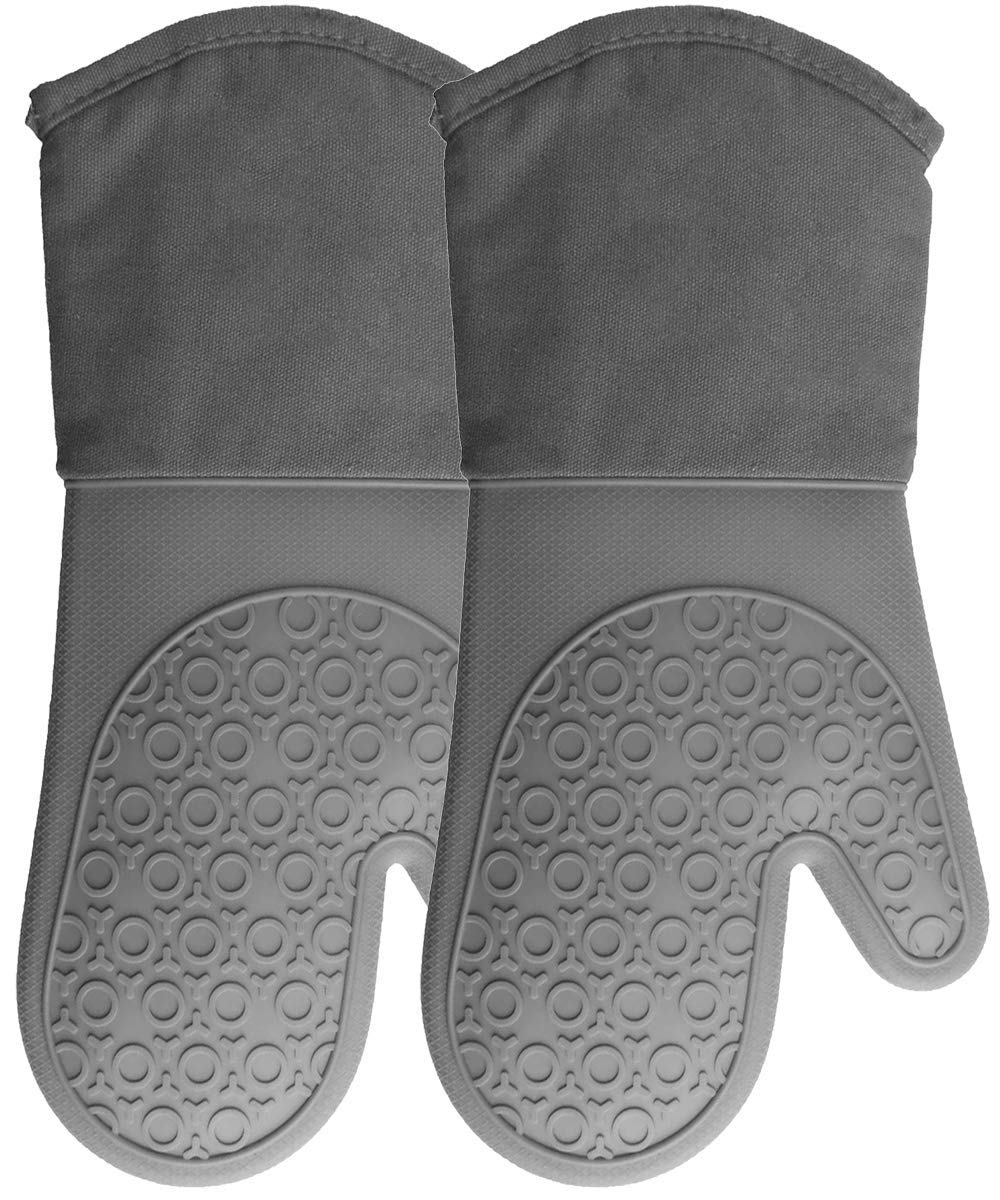 BPA-Free Soft Silicone Oven Mitts - Ultra Heat Resistant Oven Mitts with Thick Cotton Liner - Long Slip Resistant Pot Holders, Flexible Oven Gloves - Gray 13.7"
