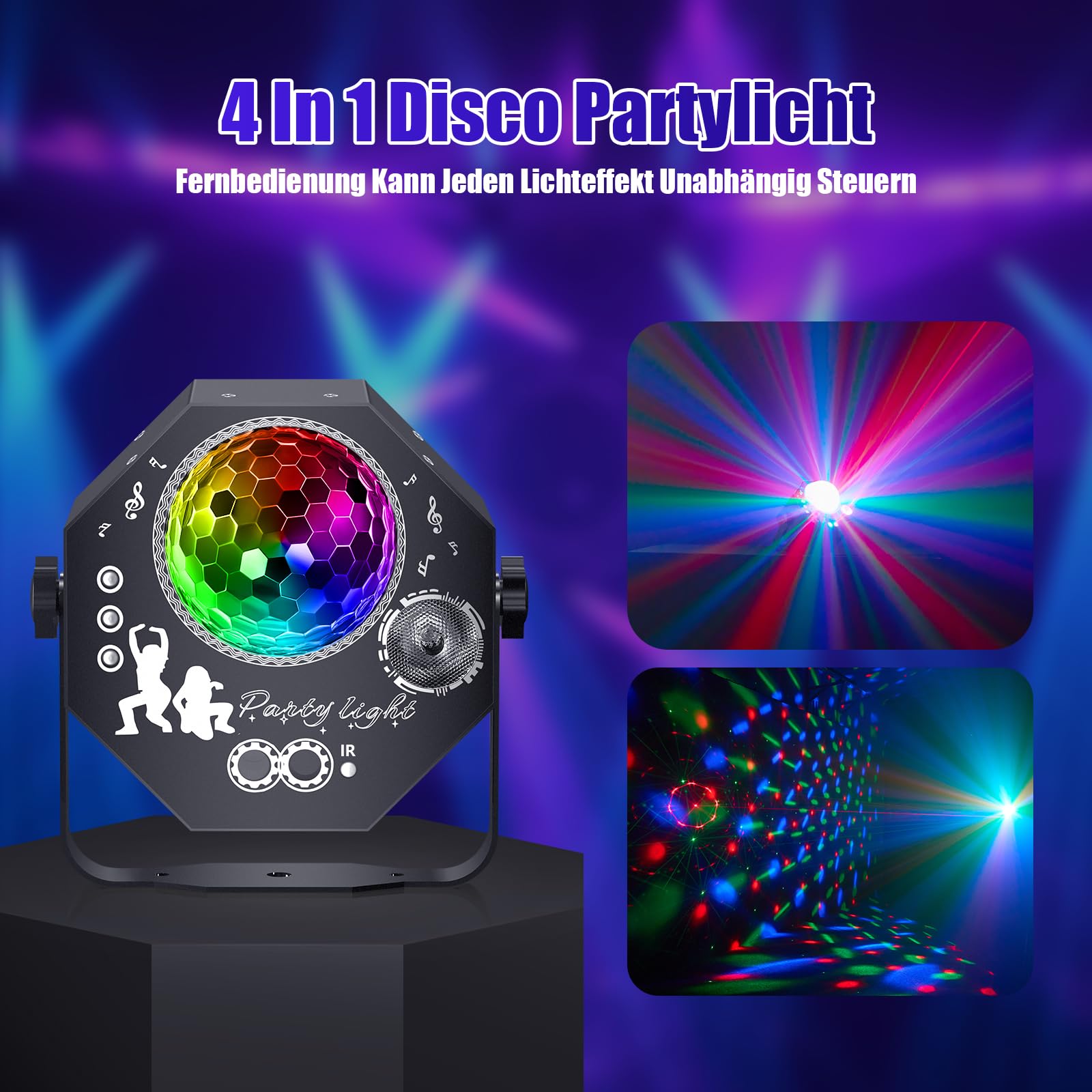 4 in 1 Disco Partylicht mit Discokugel, Musikgesteuerte DJ Disco Licht, RGB LED Par Strahler, Lichteffekte Partylicht für Hauspartys, Clubs, Halloween, Weihnachten