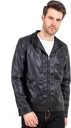 Miniatura 4 de VICALLED Chaqueta de cuero para hombre Slim Fit Stand Collar PU Chaqueta de motocicleta ligera