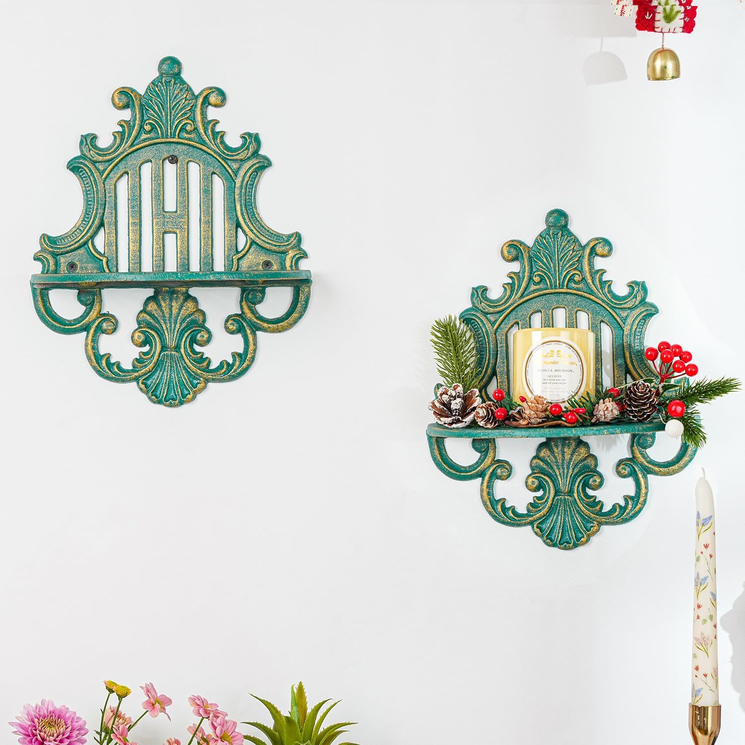 Sungmor 2PC Gothic Floating Shelves for Wall, Heavy-duty Cast Iron Wall Mounted Shelf, Small Old-fashioned Wall Display Ledges, Pretty Greenish-blue Wall Hanging Shelves for Indoor Outdoor Wall Decor