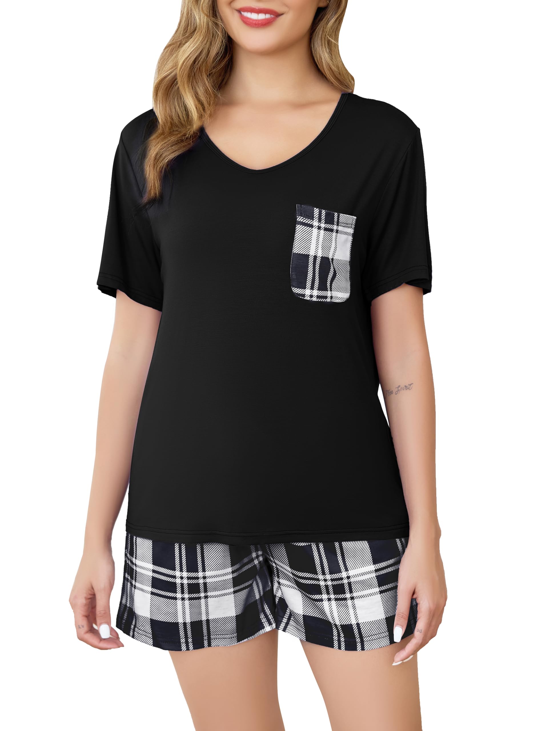 Sopesil Damen Schlafanzug Lang Ärmel Damen Pyjamas Kariert Pyjama Sets mit Taschen Nachtwäsche weich Gemütlich Lounge Wear für Frauen S-XXL