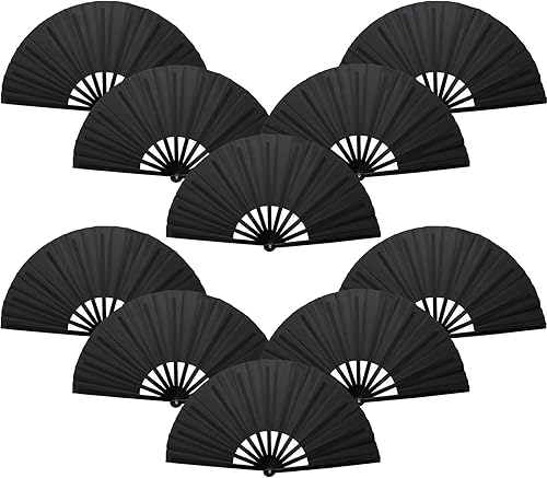 QIRMIZI Abanico plegable grande de 10 piezas para rave de mano, abanicos para Kung Fu, Tai Chi, Danza, Festivales de Música, Carnavales, bodas, Negro