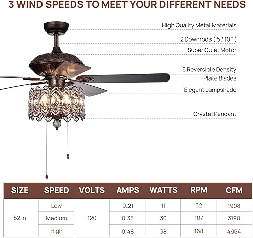 Miniatura 4 de Neatmeat Ventiladores de techo de 52 pulgadas con luces, ventilador de techo de cristal Tiffany con control de cadena de tracción, ventilador de