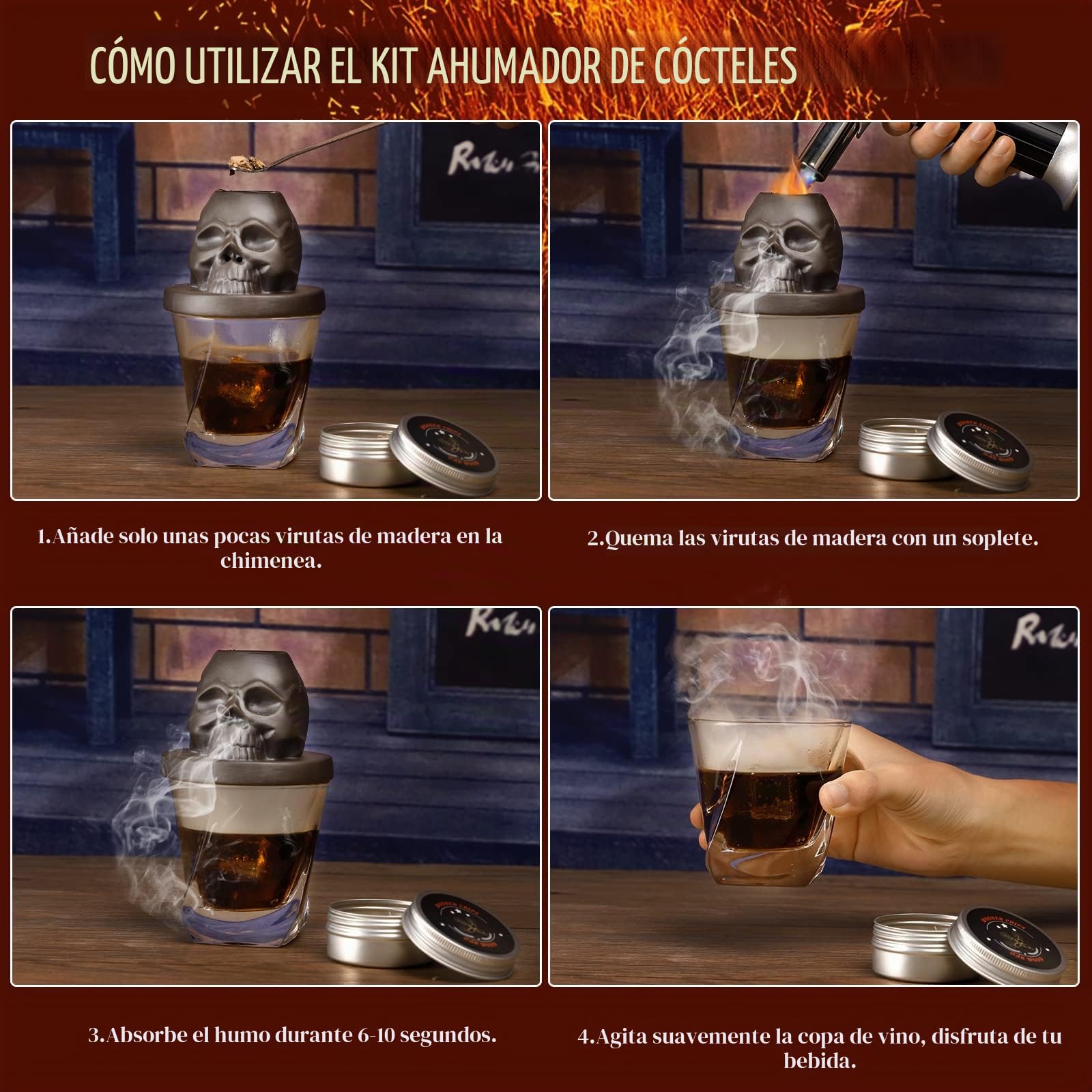 Kit de ahumador de cóctel con linterna, kit de infusor de whisky Anmyox con caja de regalo, juego de whisky bourbon, regalo para hombres, kit de ahumador antiguo de calavera para tus amigos, marido