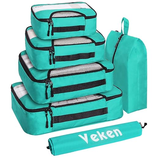 Veken 6 Set Packing Cubes, Travel Organizers with Laundry Bag & Shoe Bag (Teal)
