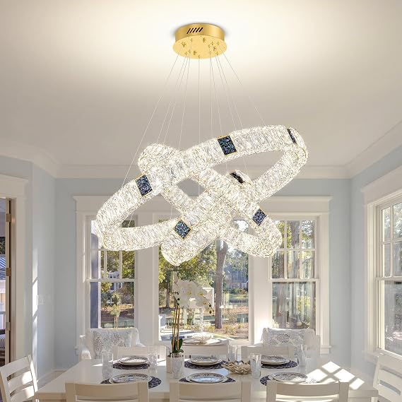 3 Ring Chandelier for Living Room Led Gold Ring Chandelier for Dining Room Crystal Ring Pendant Light D16''+24''+32''