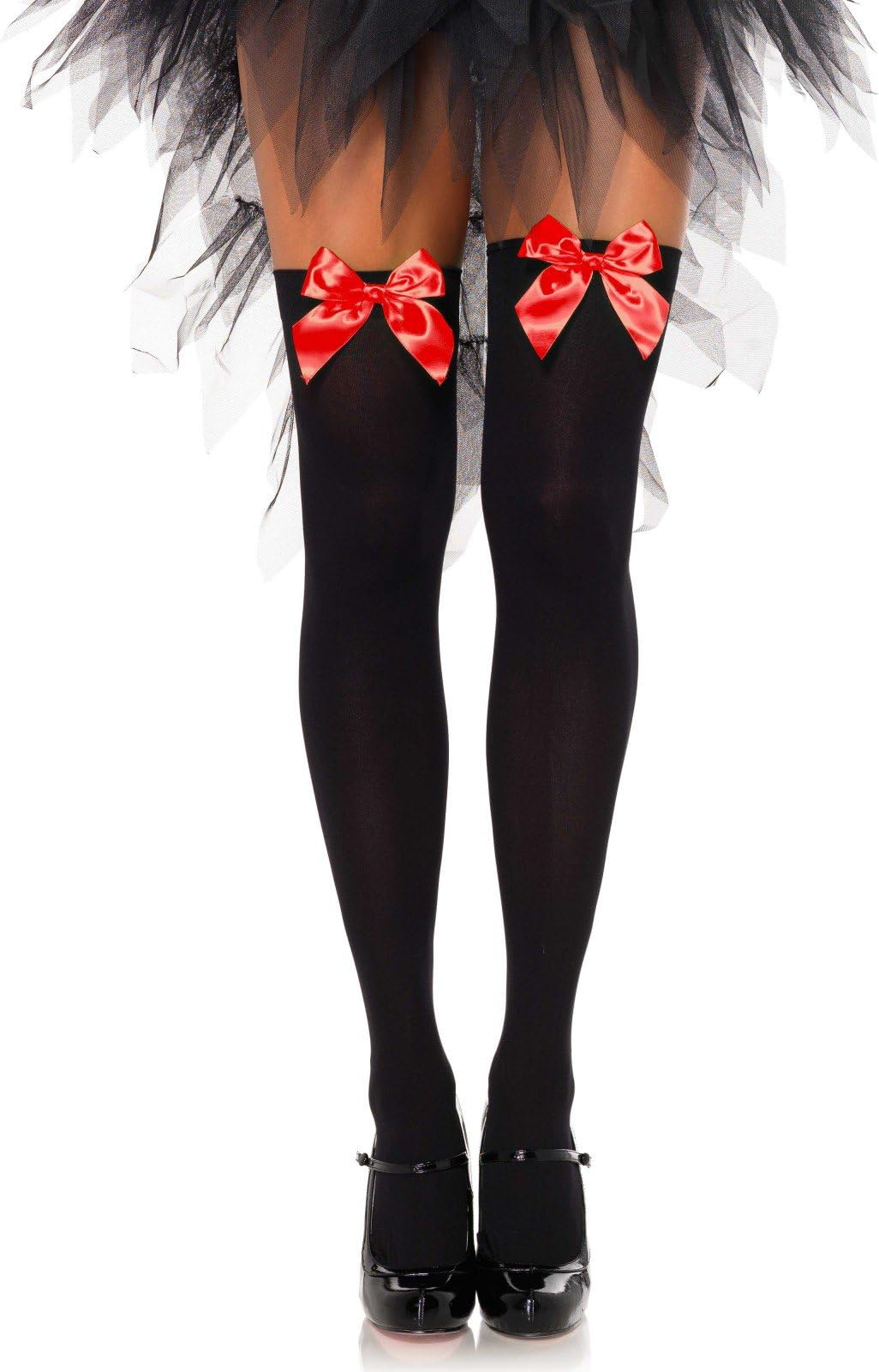 Leg Avenue Women's Opaque Thigh High Stockings with Satin Bow,Black/Red