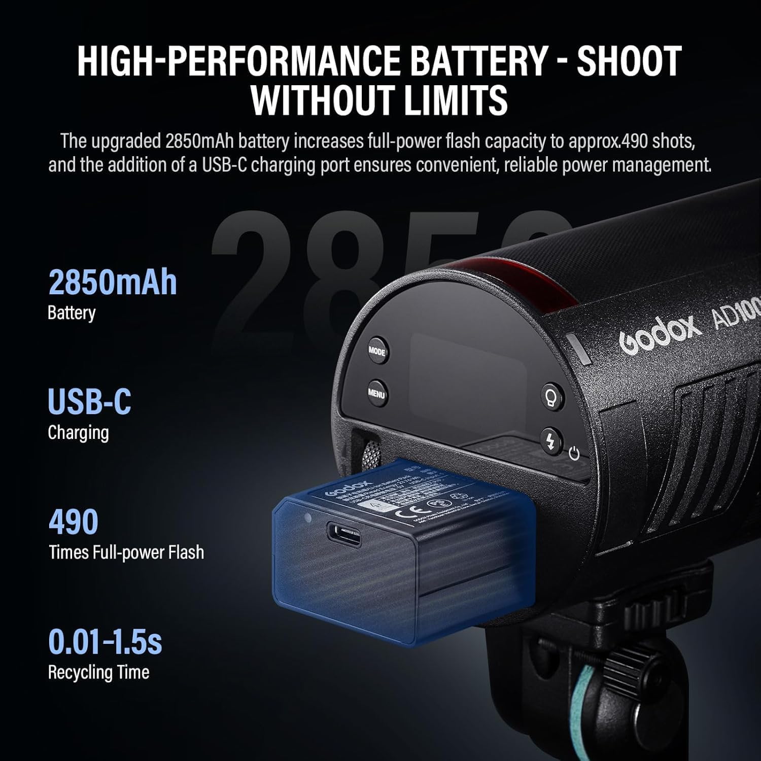 Godox AD100 pro II AD100pro II with AK-R1 Kit Portable Outdoor Pocket Strobe Flash 2850mAh Battery AD100PROII 100Ws TTL 2.4G Wilreless X System 1/8000 HSS 0.01-1.5s Recycling 490 Full Power