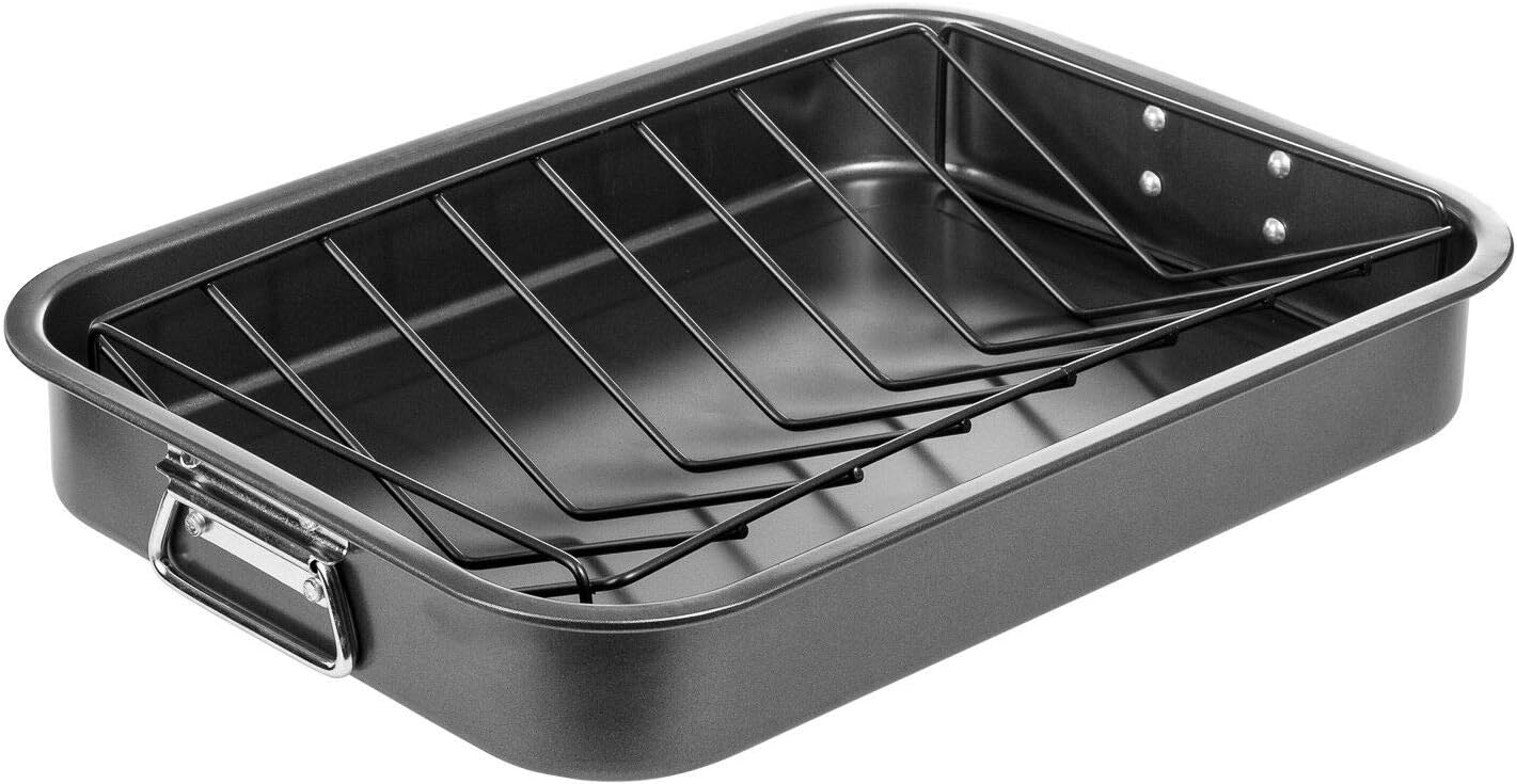 Imperial HomeCarbon Steel Roasting Pan with V Rack, Roaster with Baking Rack, Nonstick Pan, Deep Lasagna Pan, Pans for Cooking, Baking Pans, Cooking Pan, Dishwasher Safe Cookware